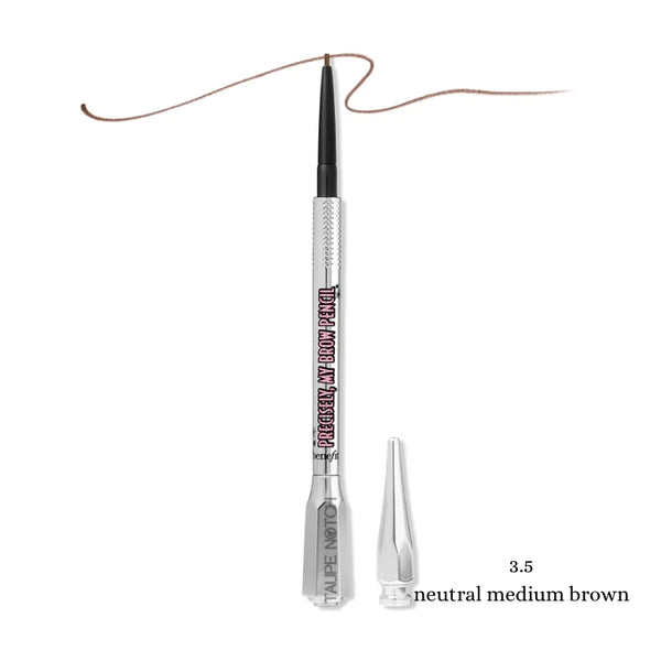 Waterproof eyebrow definer pencil with clear tube, black cap, and silver pointed applicator.