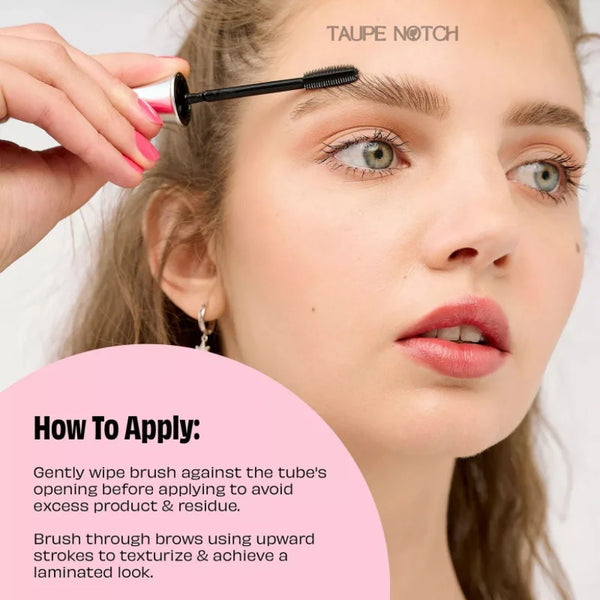 Brow gel application with spoolie brush, lifting eyebrows for a set look