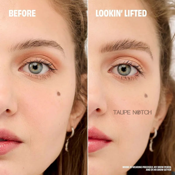 Laminated eyebrow look on model, brows brushed upward with clear brow gel