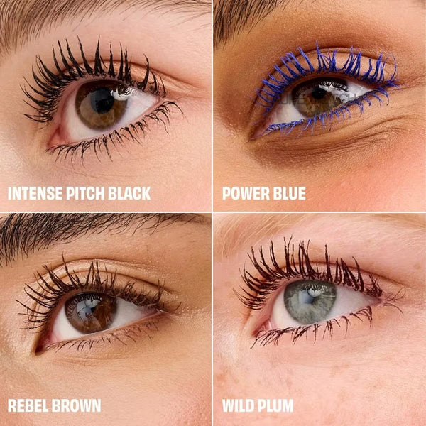 Collage of eye close-ups with bold blue mascara on lashes
