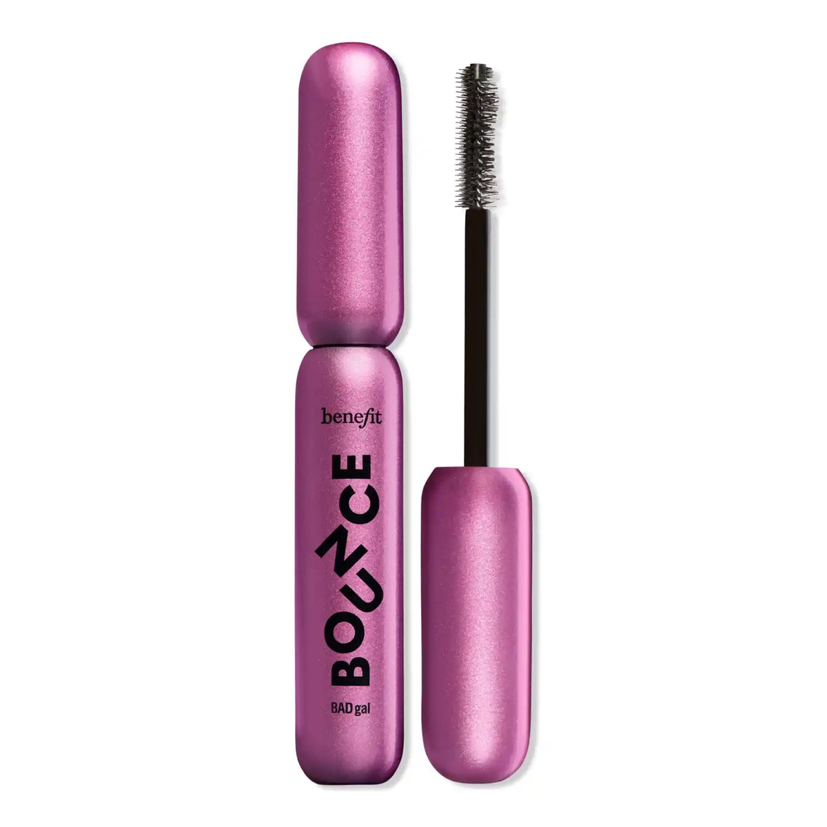 Benefit Bounce mascara with pink tube and black brush on white background