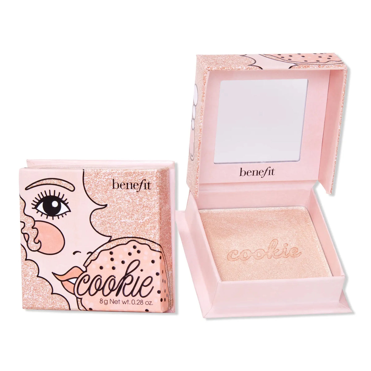 Benefit highlighter compact open with golden pearl powder and “cookie” logo