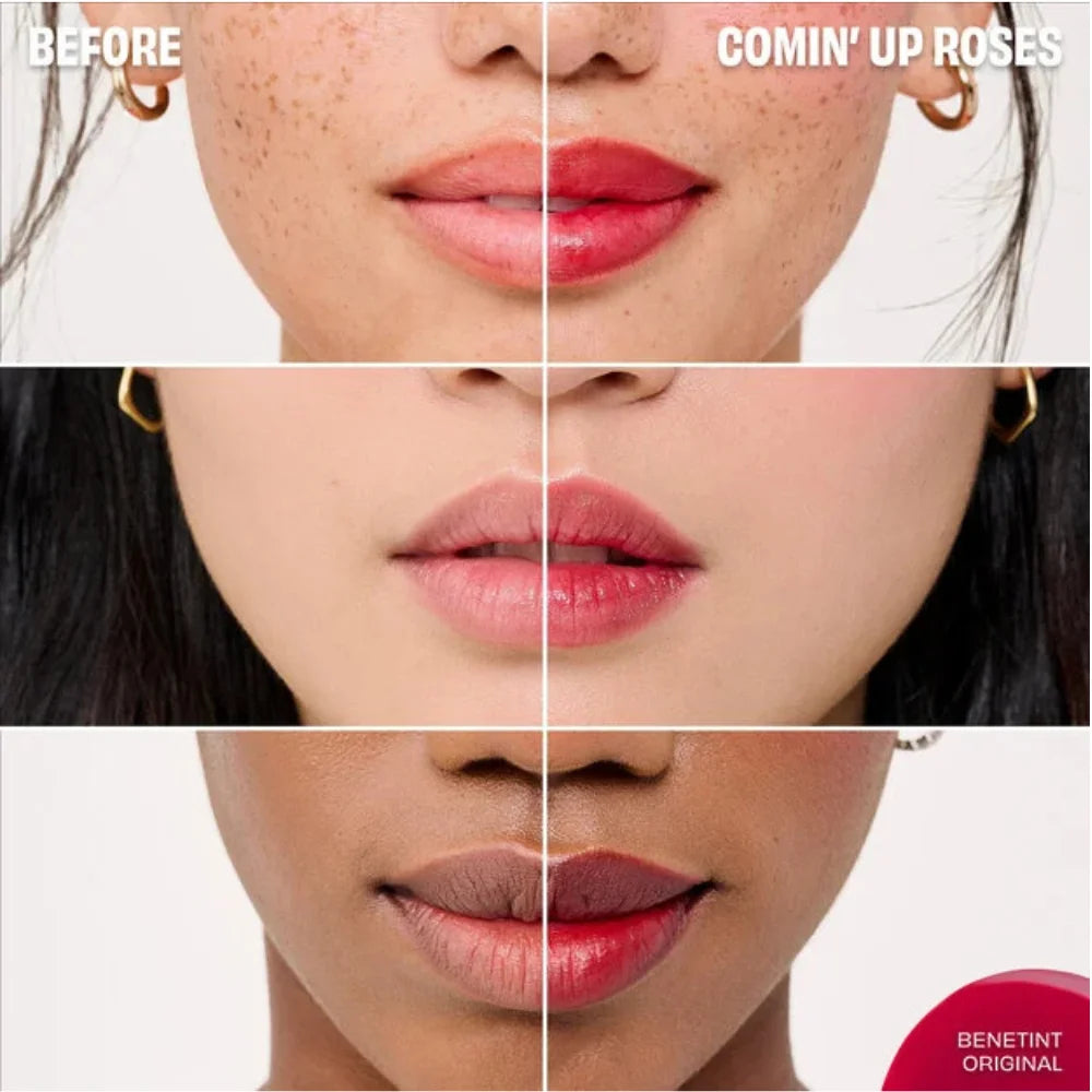 Liquid lip and cheek tint on lips, close-up with rosy red finish