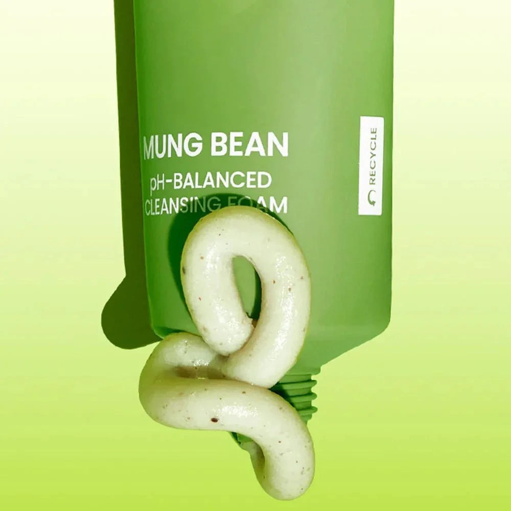 Beplain mung bean pH-balanced cleansing foam with foam on a green background