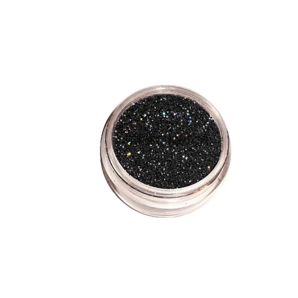 Black sparkling glitter in a clear-lid jar