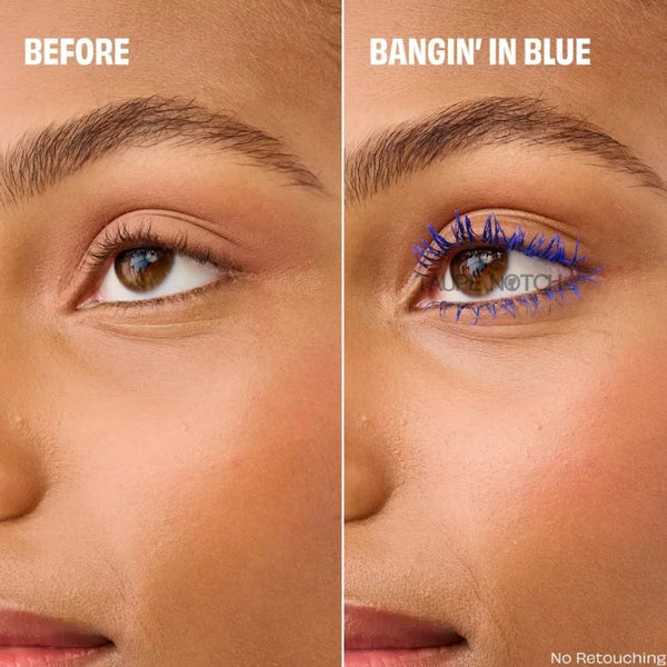 Two eye close-ups showing blue tinted, fuller lashes on one eye