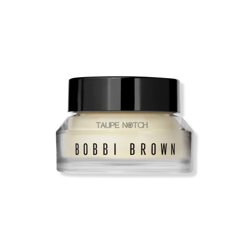 Bobbi Brown face moisturizer and primer bottle with taupe cream and black cap, angled