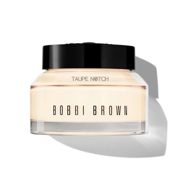 Bobbi Brown face moisturizer and primer in taupe cream bottle with black cap