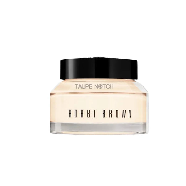 Bobbi Brown face moisturizer and primer bottle, taupe cream, black screw cap