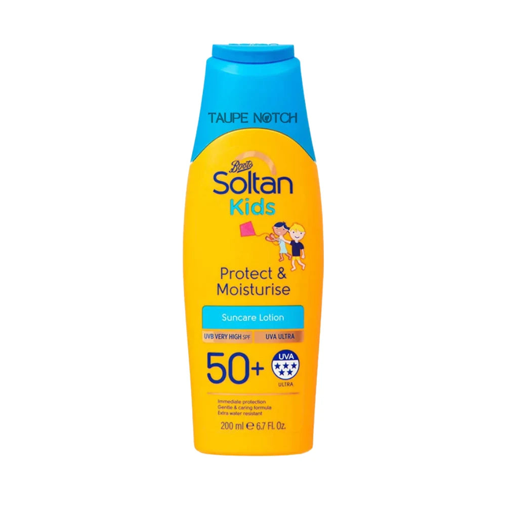Soltan Kids sunscreen lotion SPF50+ bottle, blue cap and blue-yellow label