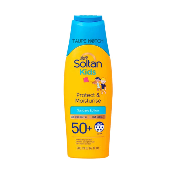 Soltan Kids sunscreen lotion SPF50+ bottle, blue cap and blue-yellow label