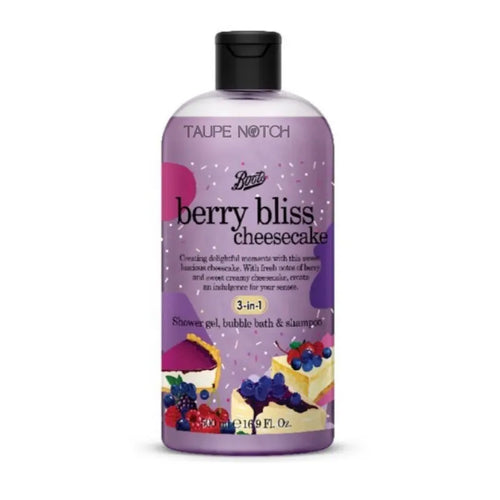 Purple berry bliss cheesecake 3-in-1 shower gel, bubble bath & shampoo bottle, black cap