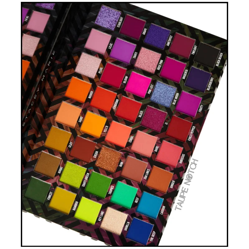 Close-up top view of eyeshadow palette with multicolor square pans
