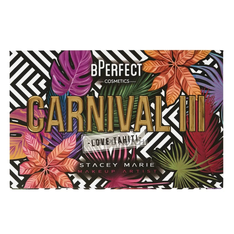 Eyeshadow palette box with tropical leaf graphics and bold gold text