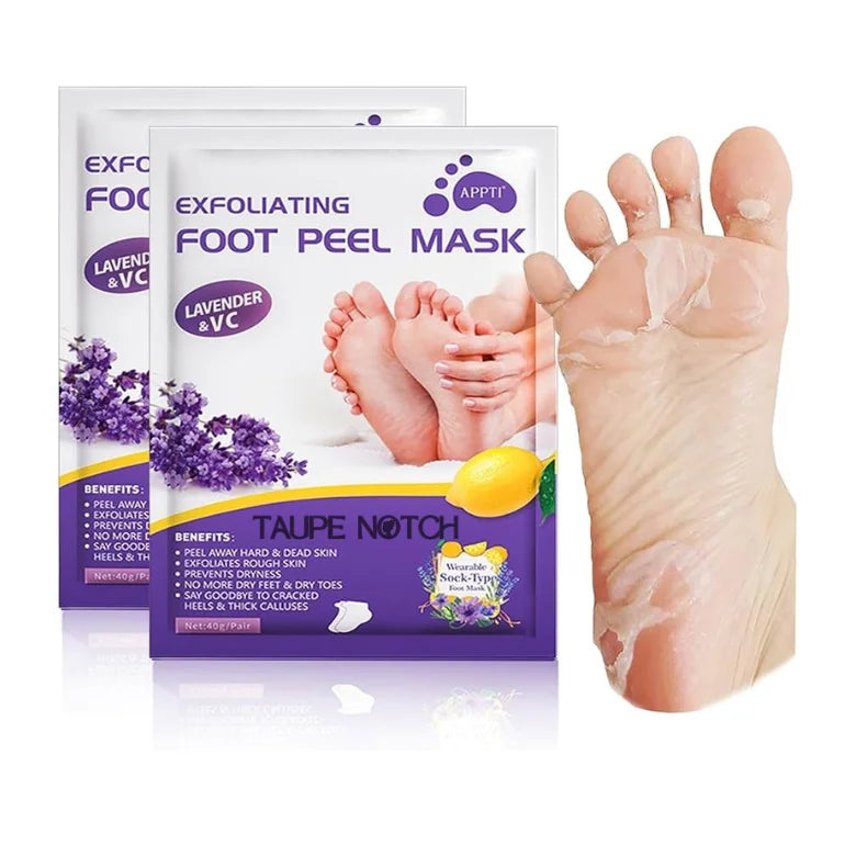 Exfoliating foot peel mask set with sock-style clear boot on foot