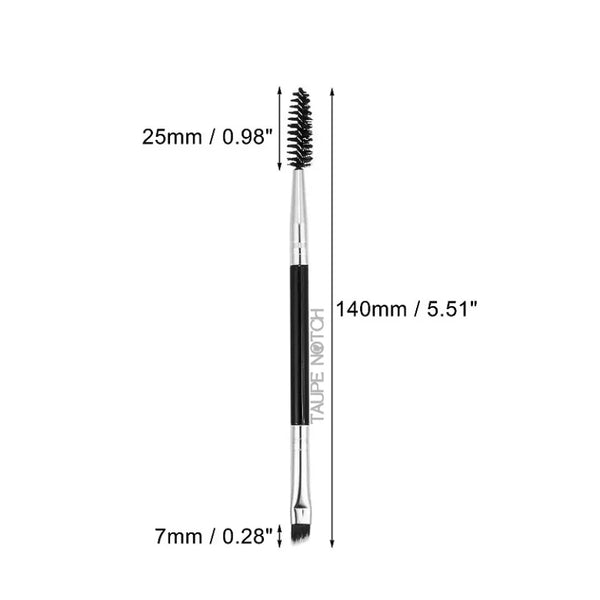 Angled brow brush with spoolie, black handle and black bristles on a double-ended tool