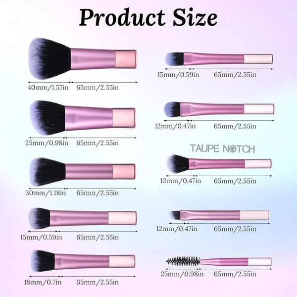 Makeup brush set size chart showing brushes with black bristles and pink handles