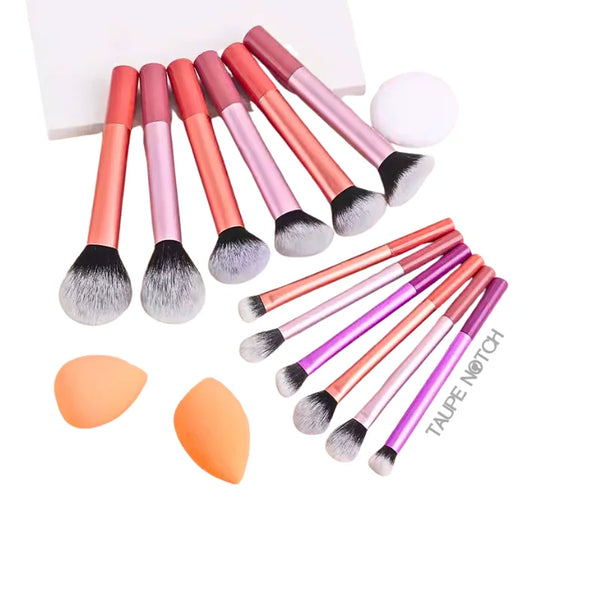 Makeup brush set with peach and purple handles, soft bristles, beauty sponges and puff