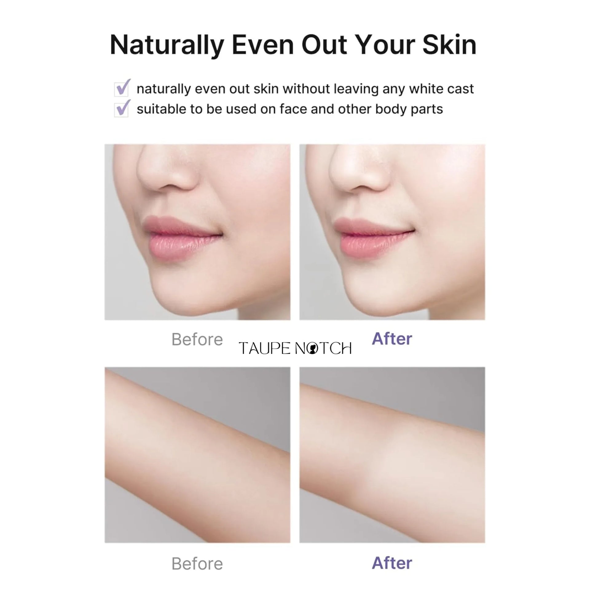 Skin tone before-and-after comparison with Celimax tone-up cream on face and arm