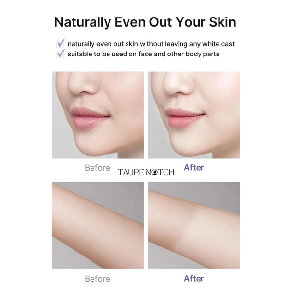 Skin tone before-and-after comparison with Celimax tone-up cream on face and arm
