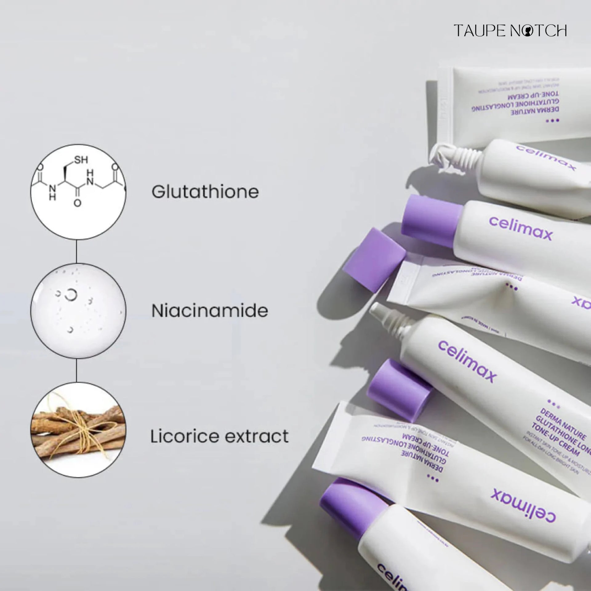 Celimax tone-up cream set with purple-capped tubes; labeled glutathione and niacinamide