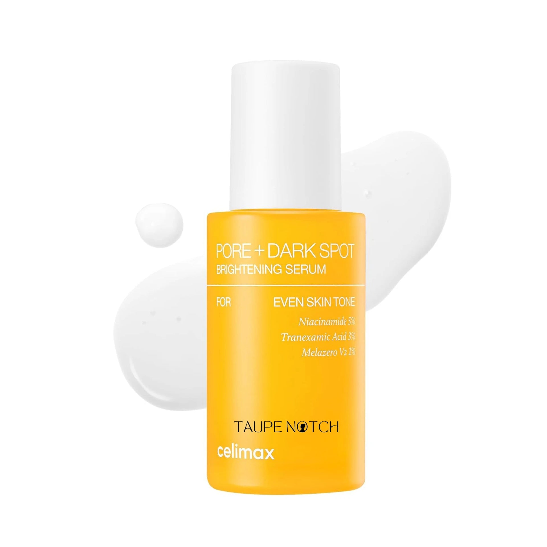 Celimax pore+dark spot brightening serum bottle with orange label, 30 ml