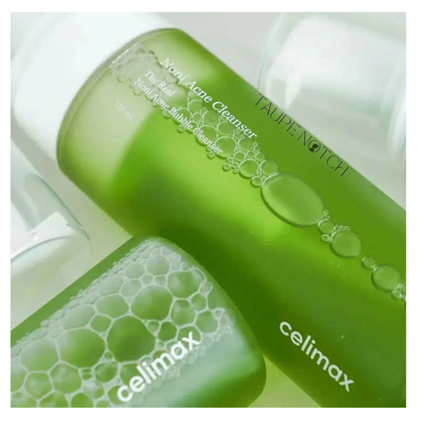 Celimax green noni acne bubble cleanser bottles with visible foam bubbles