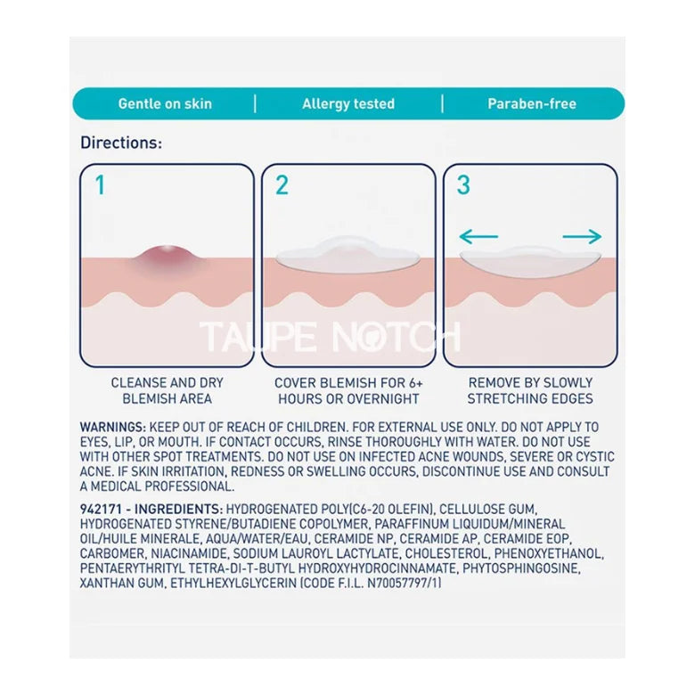 Blemish Barrier Patches package panel with how-to steps for applying hydrocolloid patches