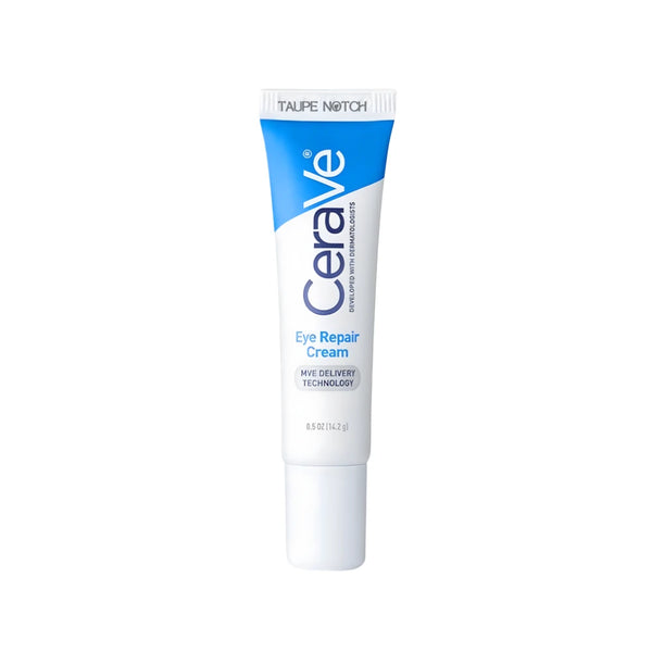 CeraVe Eye Repair Cream tube, white and blue, 14.2 g.