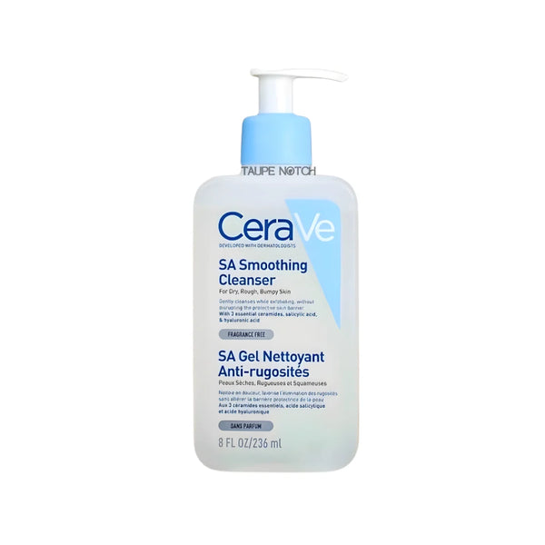 CeraVe SA Smoothing Cleanser bottle with pump, blue label on white bottle
