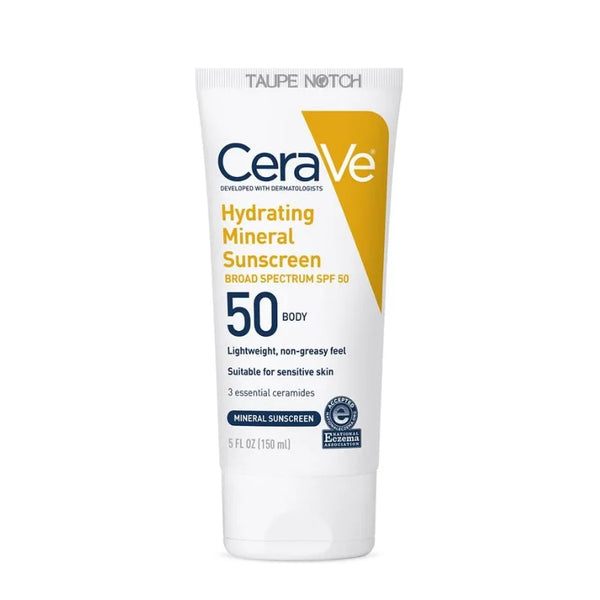 CeraVe hydrating mineral sunscreen SPF 50 body lotion tube, 150 ml