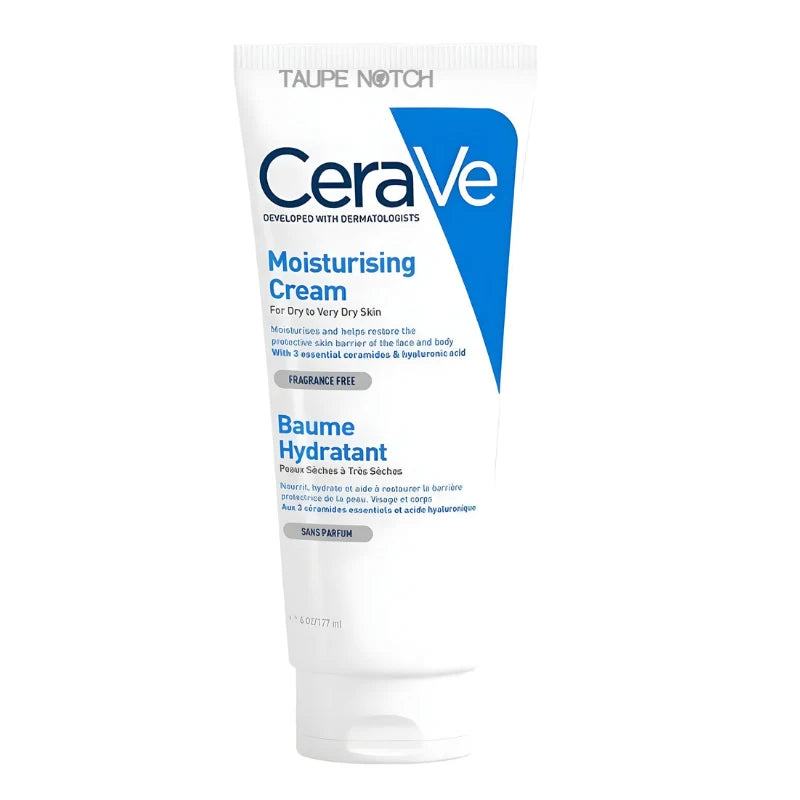 CeraVe moisturising cream tube, white container with blue corner graphic