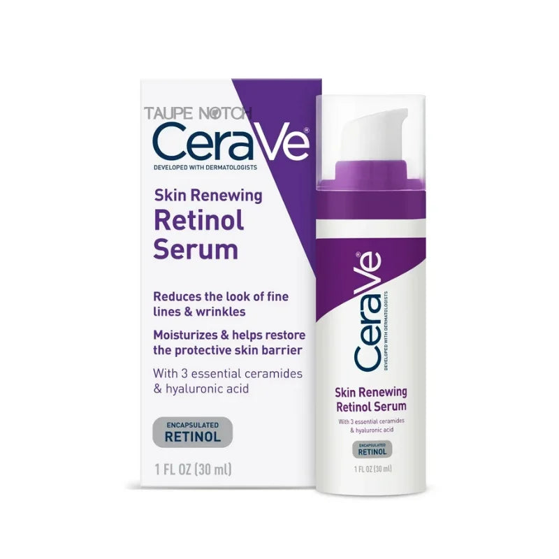 Retinol serum bottle and carton with purple label, 30 ml