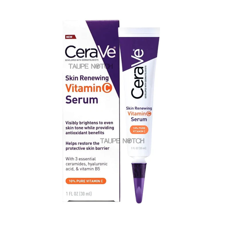 CeraVe Skin Renewing Vitamin C serum tube with purple tip and matching box, 30 ml