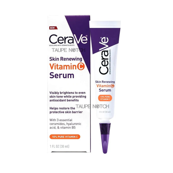 CeraVe Skin Renewing Vitamin C serum tube with purple tip and matching box, 30 ml