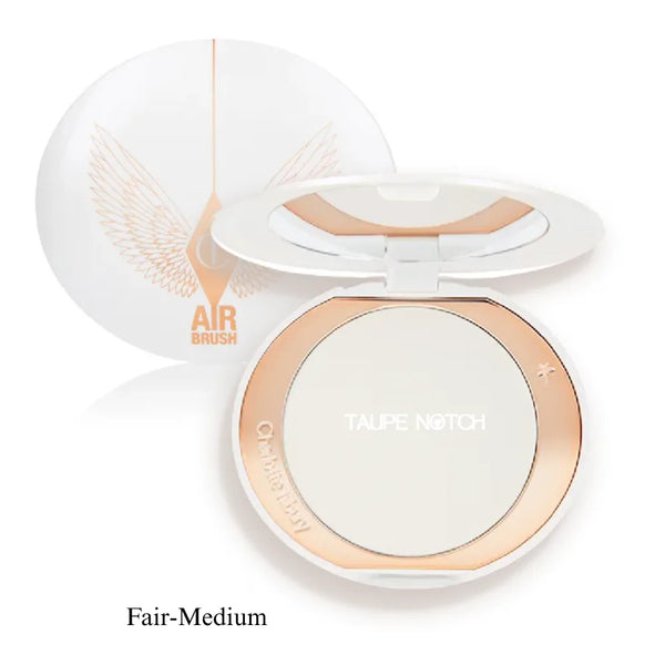 Airbrush brightening powder compact in fair-medium shade, with opened cushion lid