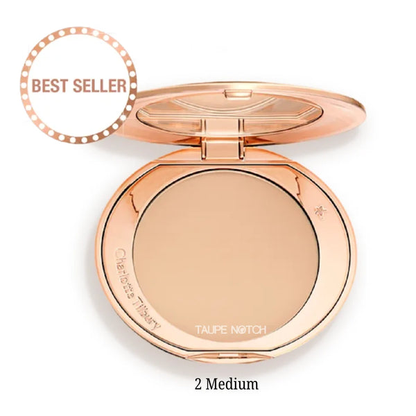 Rose-gold compact foundation with open round pan, shade 2 Medium.