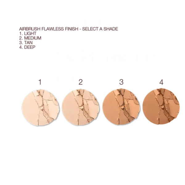 Four compact foundation shade swatches on round beige discs, numbered 1–4.