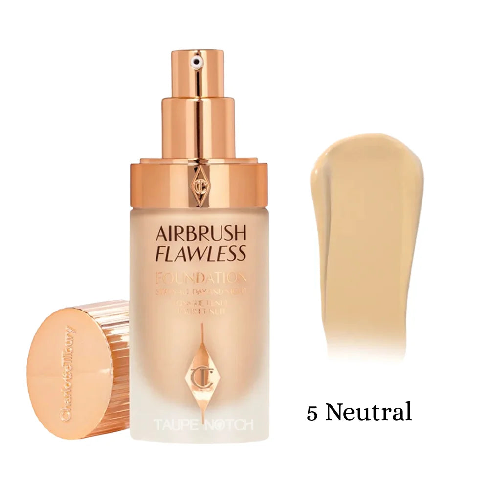 Charlotte Tilbury Airbrush Flawless Foundation bottle with cap and 5 Neutral swatch