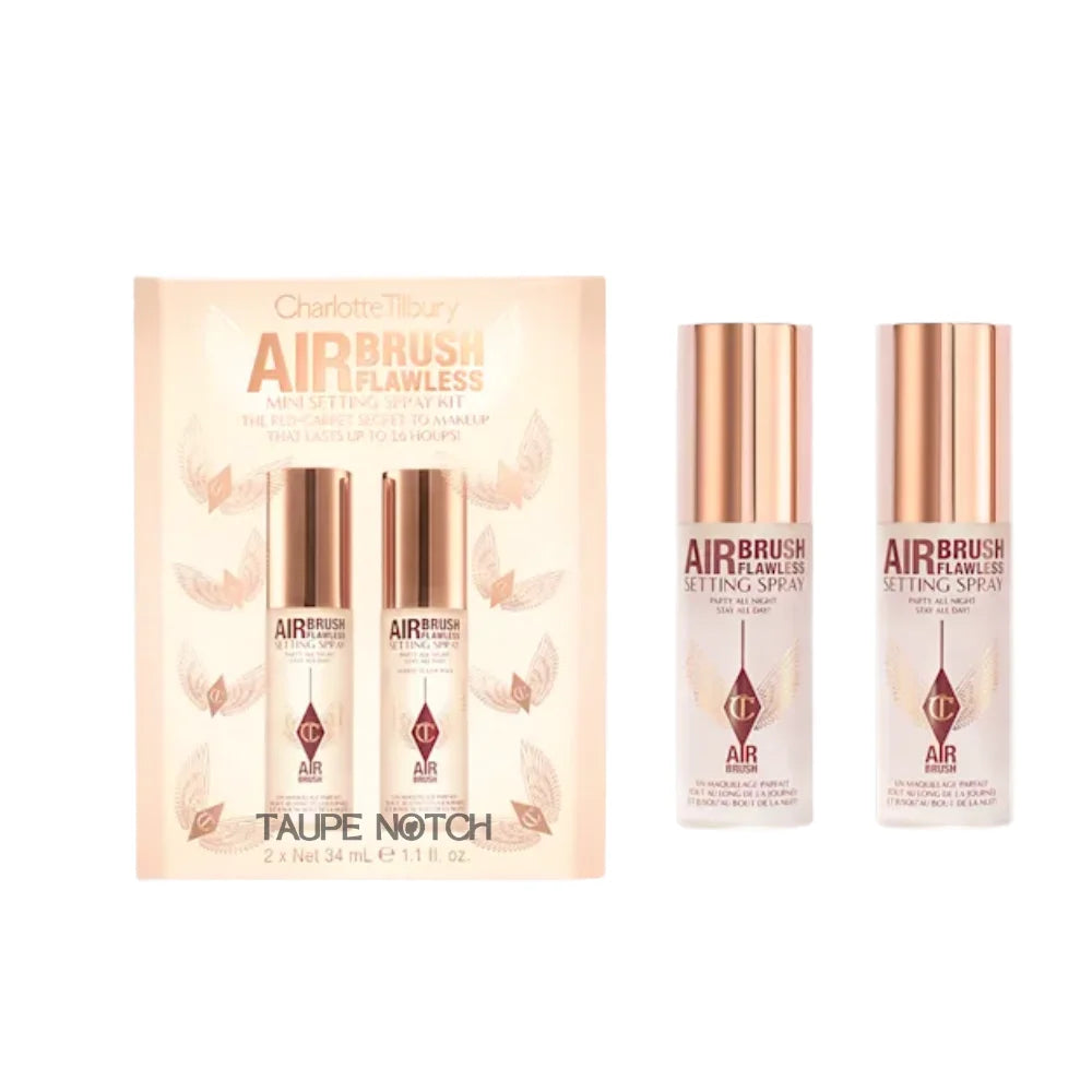 Charlotte Tilbury Airbrush Flawless mini setting spray kit with two taupe Notch bottles