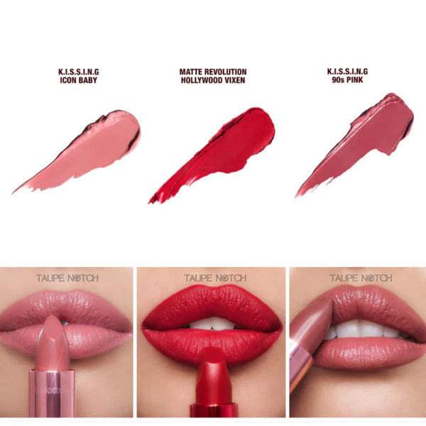 Three lipstick shades on lips and swatches: mauve, red, dusty rose.