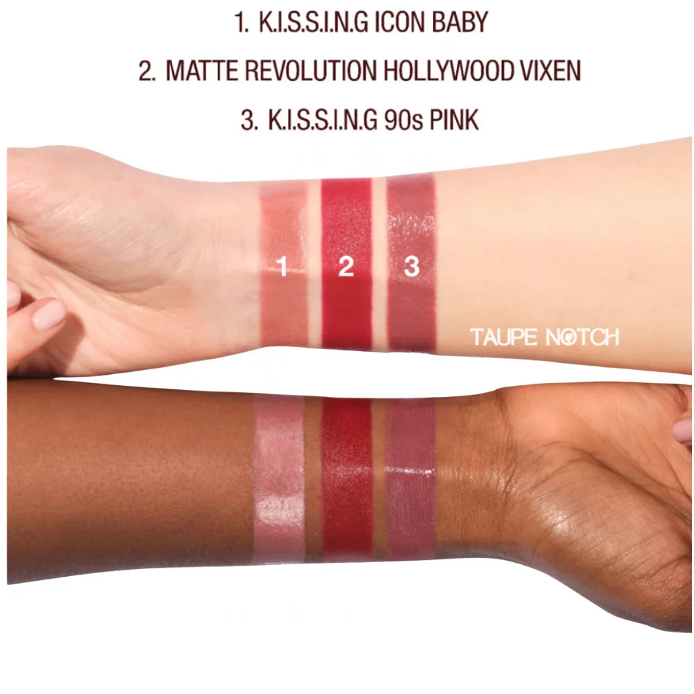 Three lip color swatches on wrist: mauve, red, 90s pink.