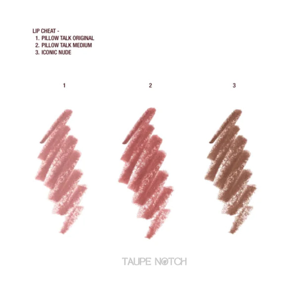 Lip liner trio swatches in three tones: light nude, rosy, dark taupe