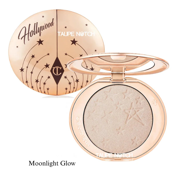 Highlighter compact with taupe-silver shimmer pan and mirror lid