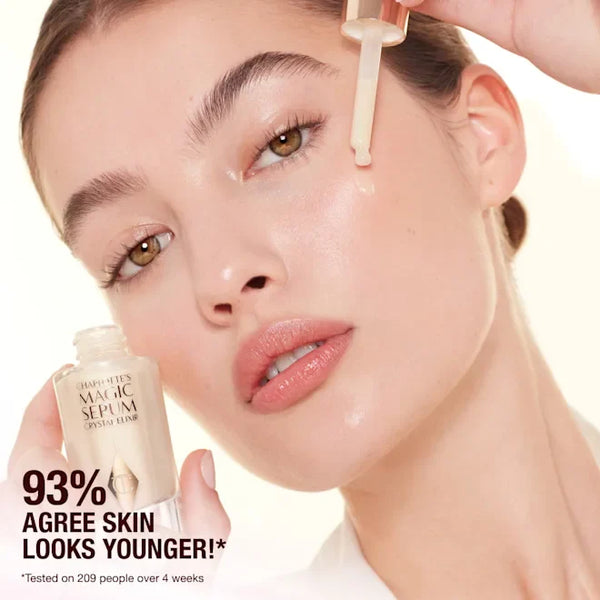 Beauty serum dropper dispensing clear serum onto face; bottle visible