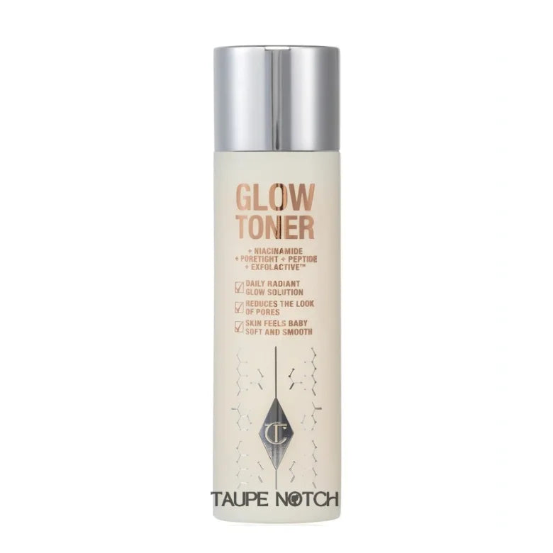 Glow toner bottle with silver cap and Taupe Notch label, 150 ml
