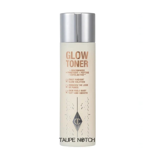 Glow toner bottle with silver cap and Taupe Notch label, 150 ml