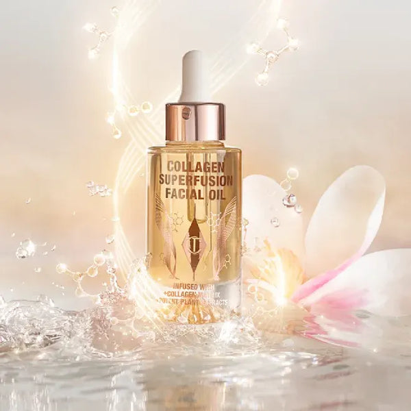 Collagen superfusion facial oil bottle with rose-gold pump-style collar, amber liquid