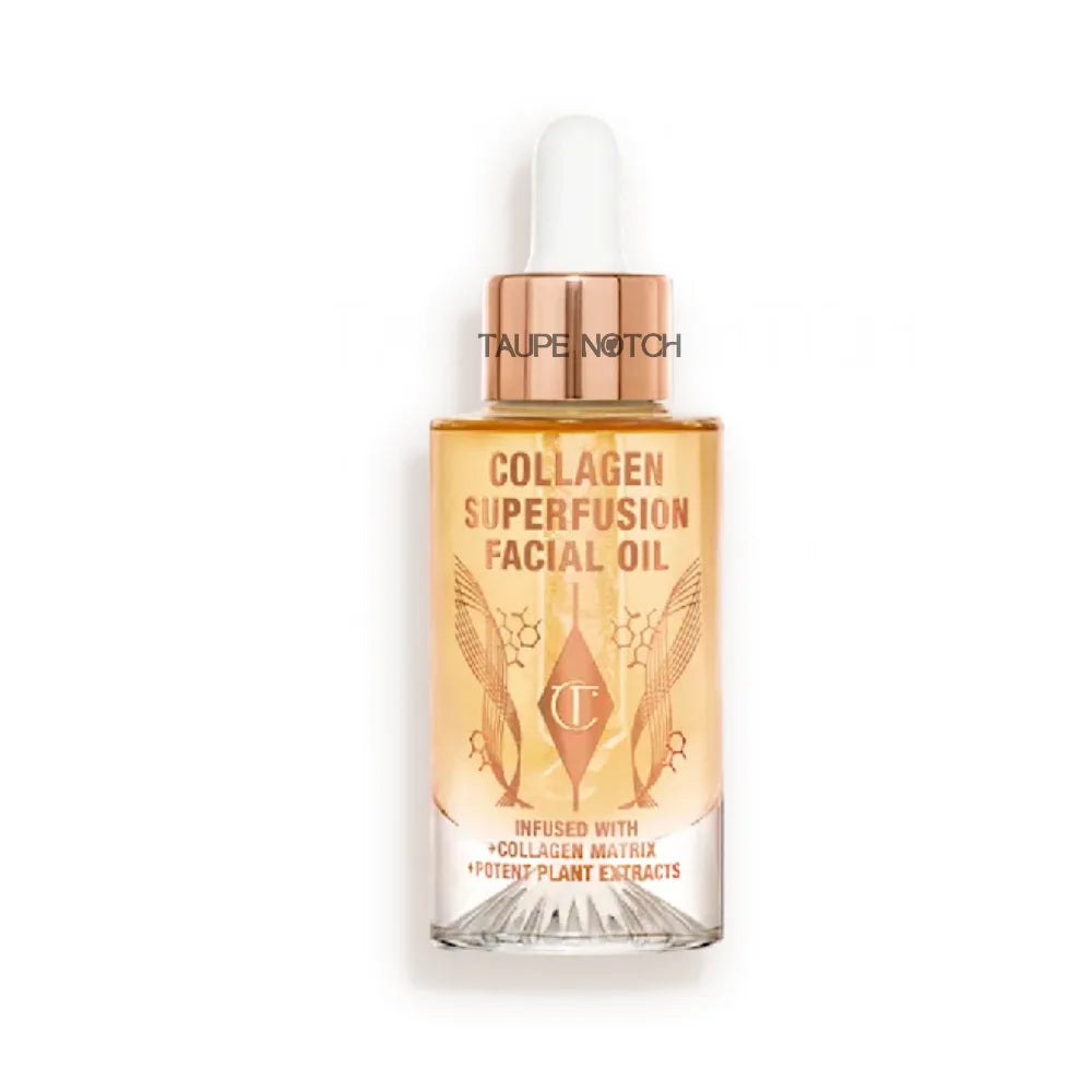 Collagen superfusion facial oil bottle with white dropper cap, amber glass
