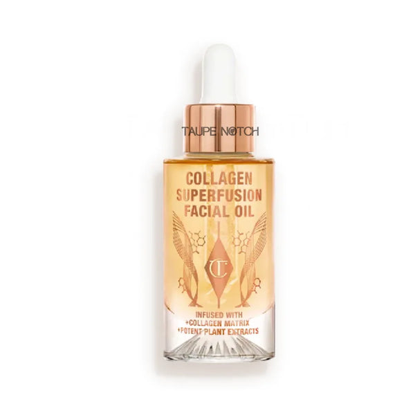 Collagen superfusion facial oil bottle with white dropper cap, amber glass